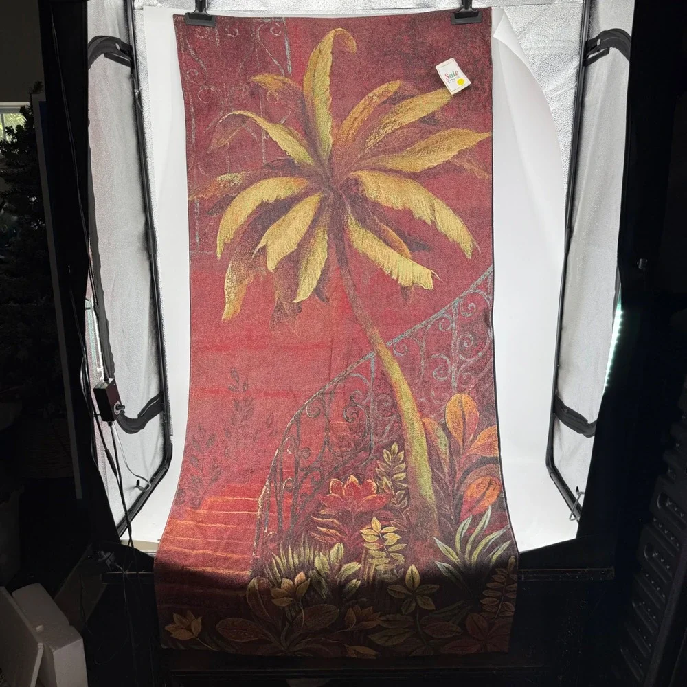 Tropical Palm Tree Woven Tapestry Wall Hanging Red Gold Mediterranean Decor